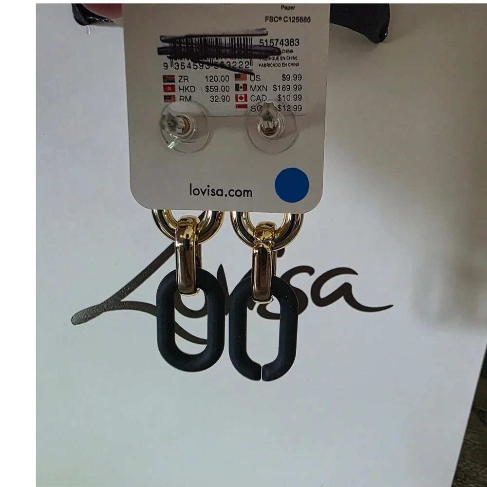 Lovisa Gold Tone and Matte Black Geometric Chain Link Drop Earrings NEW
